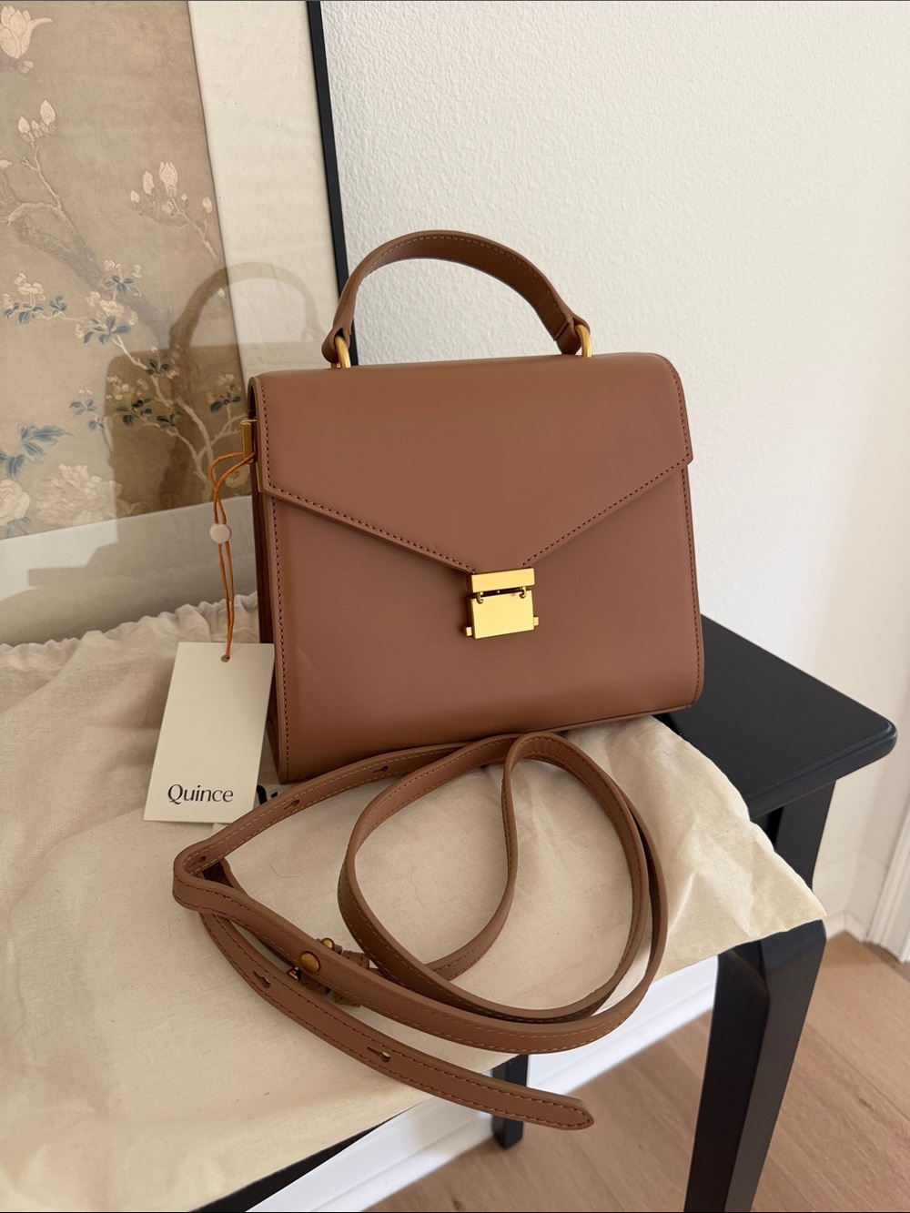 Quince Cognac Italian Leather Structured Top-Handle bag - Picture 3 of 4